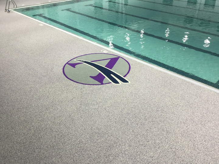 Logo athletic surface, commercial building floor, gym, pool, locker rooms
